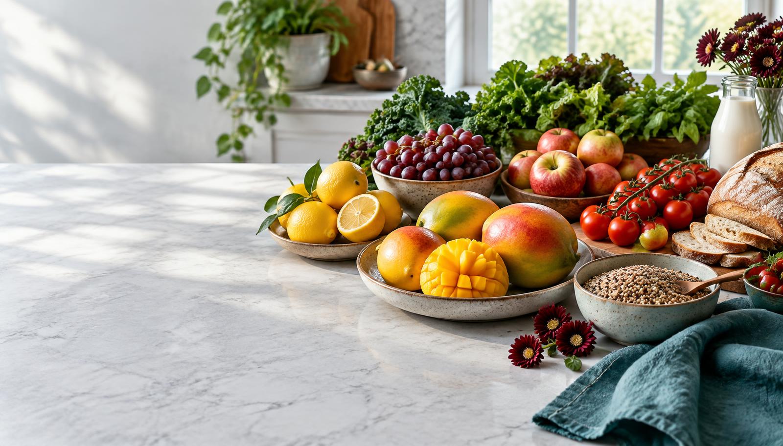 Fresh fruit, vegetables and groceries arranged for the market